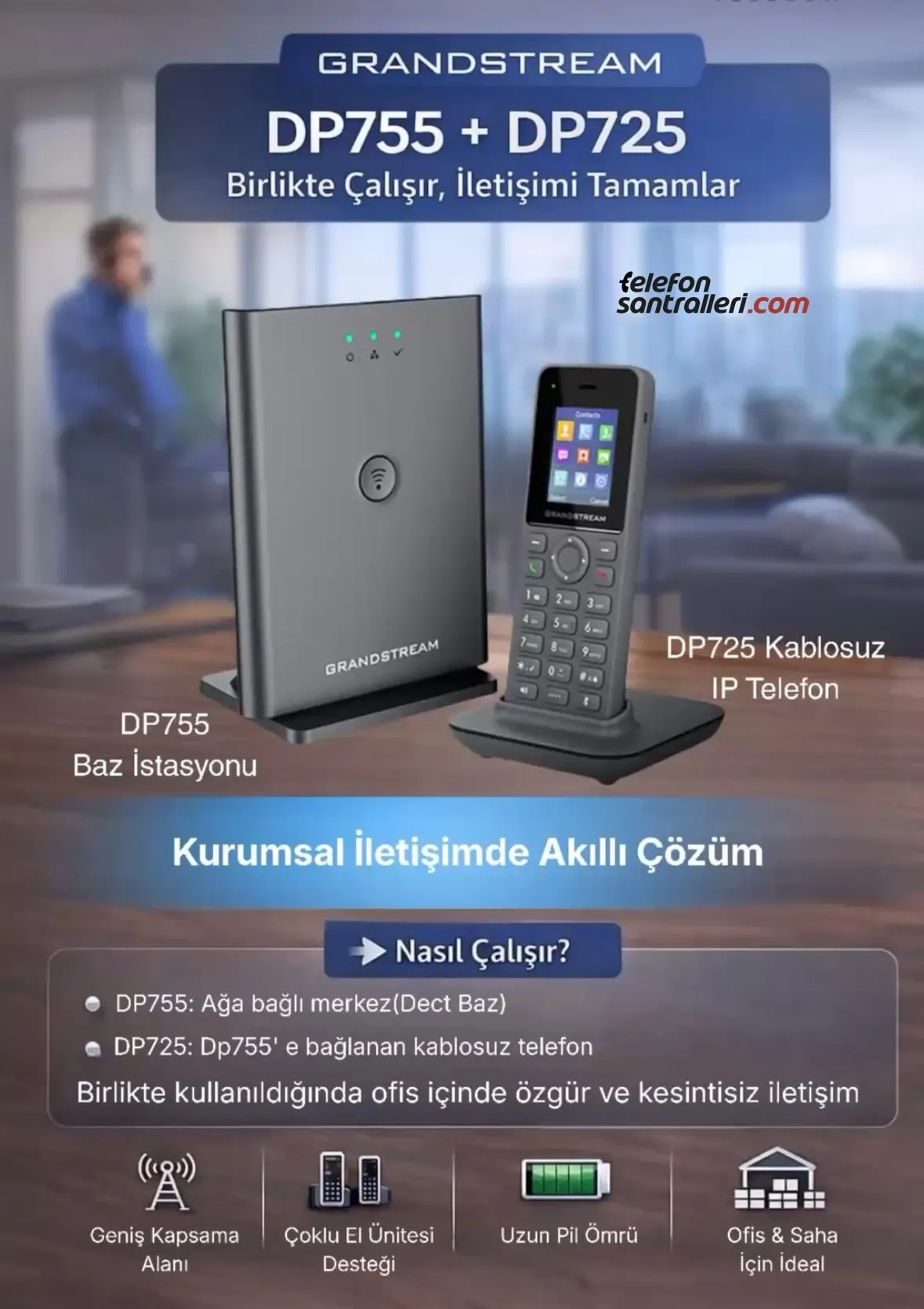 Grandstream DP755 IP Dect Baz + DP725 Dect Telefonu ( 2li Set)